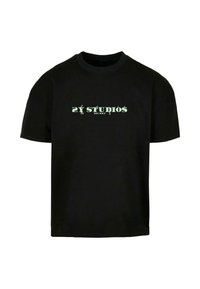 Black cotton t-shirt featuring a short sleeve design, crew neckline, and green graphic text reading “21 STUDIOS EST MMX” on the front.