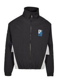 Black lightweight jacket with a high collar, zip closure, white and blue accent panels, and logo detail on the chest and sleeves.