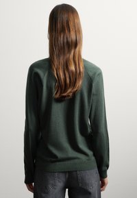 Grüner Strickpullover mit langen Ärmeln, gerippten Bündchen und lockerer Passform. Glatte Textur, Rückansicht zeigt einfaches Design ohne Verzierungen.