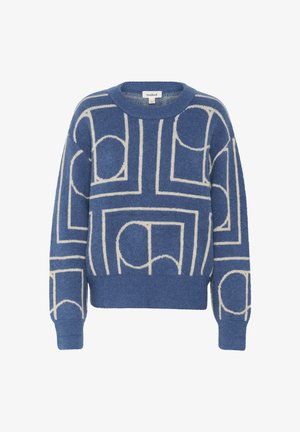 Blauer gestrickter Pullover mit cremefarbenen geometrischen Mustern, mit einem runden Ausschnitt, Rippbündchen und Saum, aus weichem, strukturiertem Stoff.