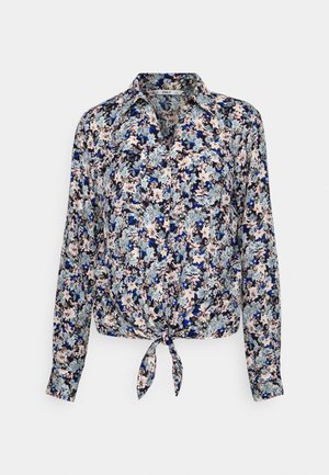 Long-sleeve floral blouse with a collar and front tie knot in shades of blue, pink, and black on a light background.