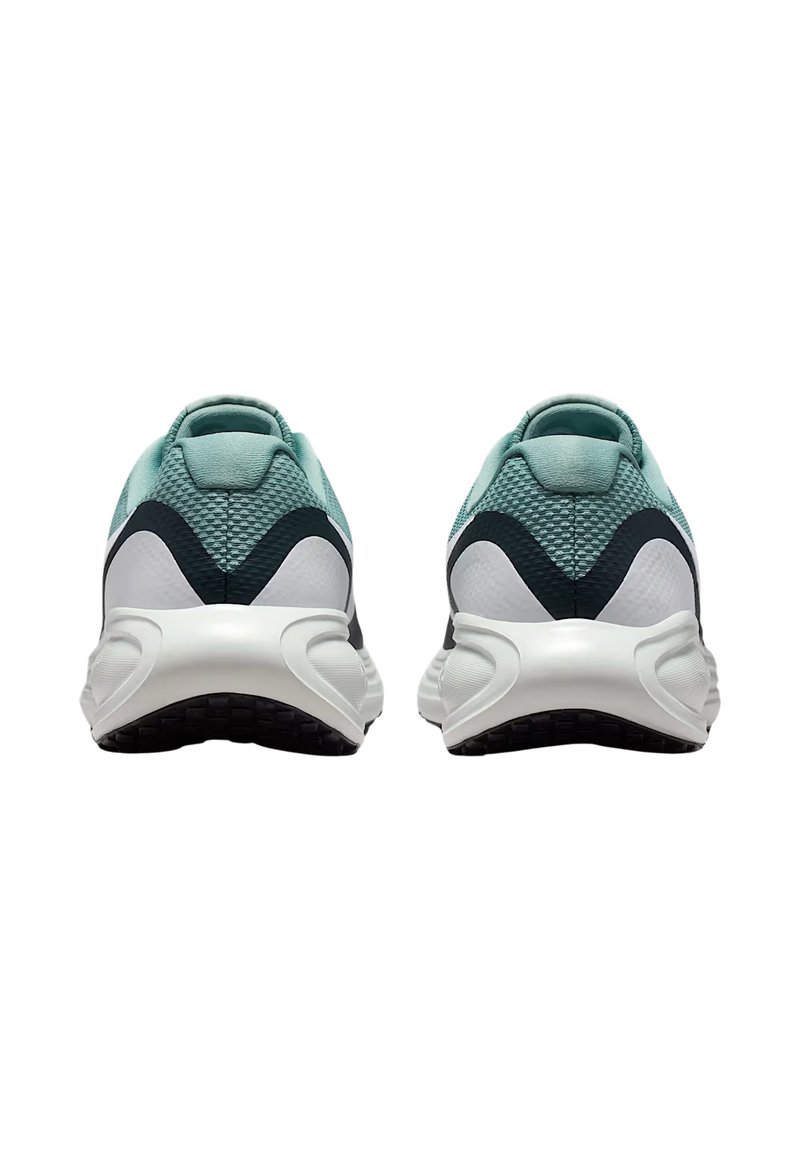 Des baskets avec une tige en maille turquoise et noir, une semelle intermédiaire blanche et une semelle extérieure noire texturée. Elles disposent d'un onglet au niveau du talon pour un enfilage facile.