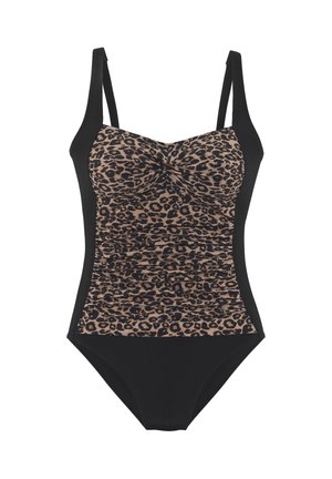 One-piece swimsuit with black sides and straps, featuring a leopard print front panel with ruched detailing and a twist at the bust.