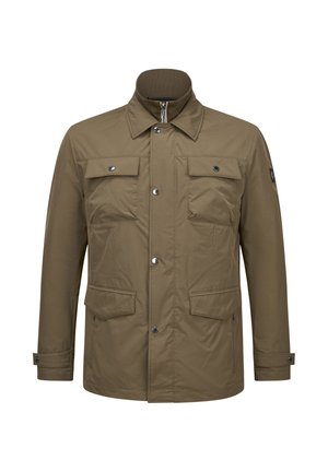 Khaki jacket featuring a collar, front snap buttons, two chest pockets, and two side pockets. Smooth texture with a lightweight design.