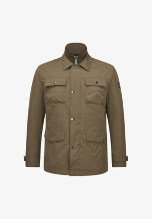 Khakifarbene Jacke mit Kragen, Vorderseite mit Druckknöpfen, zwei Brusttaschen und zwei Seitentaschen. Glatte Textur mit leichtem Design.