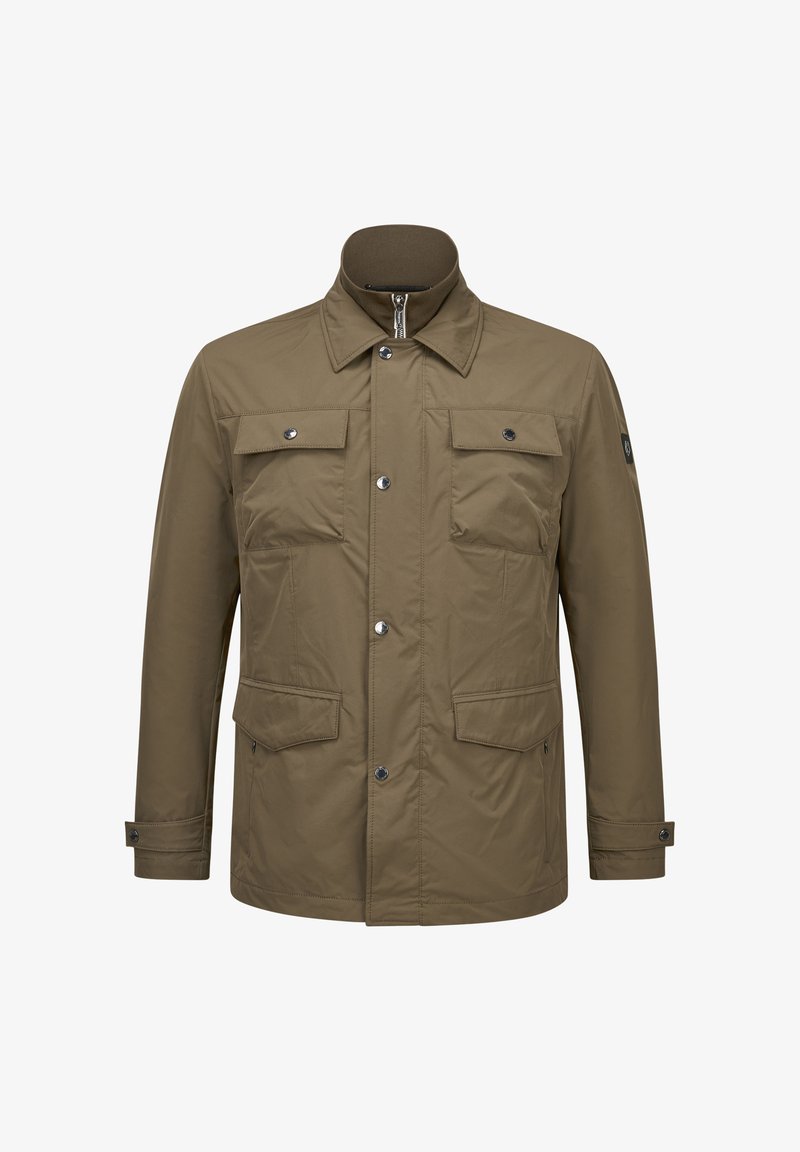 Khakifarbene Jacke mit Kragen, Vorderseite mit Druckknöpfen, zwei Brusttaschen und zwei Seitentaschen. Glatte Textur mit leichtem Design.