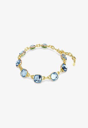 Gold chain bracelet featuring square blue crystals, interspersed with green and pink accents, showcasing a polished finish and secure clasp.