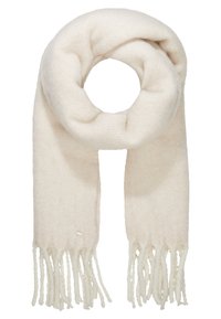 Écharpe blanche tricotée en matériau doux, présentant une texture lisse et des détails à franges aux deux extrémités. Design en boucle pour un port facile.