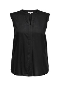 Czarny bezrękawnik wykonany z gładkiego materiału, z dekoltem w kształcie litery V, subtelnymi pionowymi szwami i delikatnym koronkowym wykończeniem na brzegach ramion.