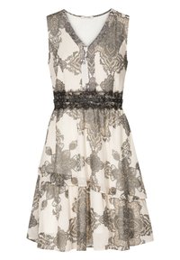 Ärmelloses Kleid mit V-Ausschnitt, das einen schwarzen Spitzenbund, gestufte Lagen und ein aufwändiges Muster in Grau und Creme im Paisley-Stil aufweist.