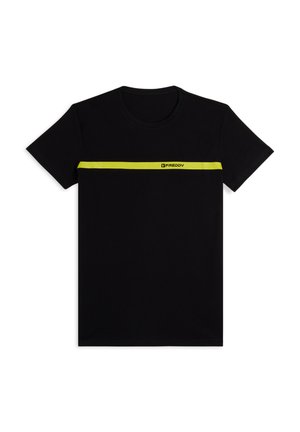 T-shirt in cotone nero con maniche corte e scollo tondo. Presenta una striscia orizzontale giallo brillante sul petto e un logo.