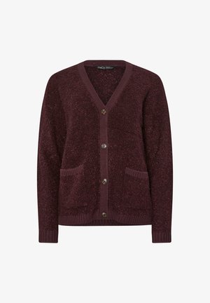 Bordeaux cardigan met een V-hals, textuurstof, vier knopen en twee voorkruiszakken. Heeft ribbelranden voor extra detail.