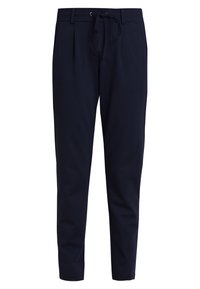 Mörkblå tapered byxor med dragsko i midjan, sidofickor och bälteshällor, designade för avslappnad eller semi-formell användning.