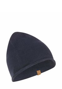 Knitted beanie hat in navy blue with a tapered top and a cuffed brim. Features a small brown leather tag on the side.