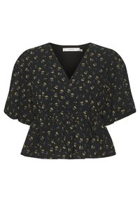 Blusa nera con scollatura a V profonda, maniche a sbuffo corte e vita cintrata. Presenta un motivo floreale in giallo e grigio su tessuto testurizzato.