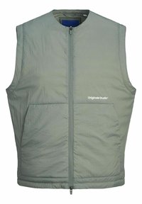 Lichtgewicht groene vest, mouwloos met een hoge kraag, voorzijde met ritssluiting en logo op de borst. Gladde, licht gekreukelde textuur.