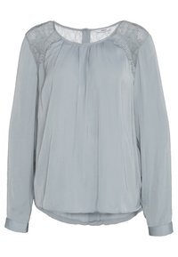 Hellegraue Bluse mit langen Ärmeln und Spitzenverzierungen an den Schultern, rundem Ausschnitt und gefaltetem Vorderteil. Weicher Stoff und lässiger Stil.