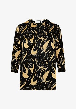 Schwarzes Oberteil mit Rundhalsausschnitt und Dreiviertelärmel. Verfügt über ein goldenes Blumenmuster auf einem strukturierten Stoff.