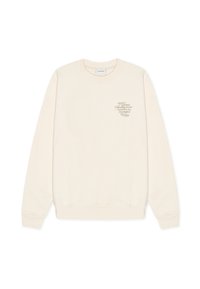 Φωτεινή μπεζ φούτερ κατασκευασμένο από βαμβάκι. Λαιμός στρογγυλός, μακριά μανίκια και ραβδώσεις στη μέση. Κείμενο σε ανοιχτό καφέ στο πάνω αριστερό μέρος.