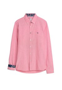 Lichtroze overhemd met lange mouwen en een knoopsluiting kraag. Bevat een bloemenpatroon op de binnenkant van de kraag en manchet. Materiaal lijkt een gestructureerde textuur te hebben.