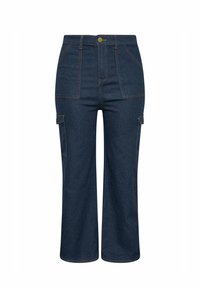 Tumman siniset farkkukankaiset cargo-housut, joissa on korkea vyötärö, läppäpockets sivuilla ja kontrastivärinen ompelu. Laaja lahje.