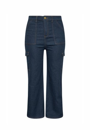 Dunkelblaue Denim-Cargo-Hosen mit hoher Taille, Klappentaschen an den Seiten und kontrastierenden Nähten. Weiter Beinschnitt.