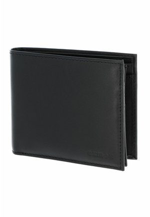 Portefeuille en cuir noir bifold avec une couture minimaliste et un logo embossé subtil dans le coin inférieur droit, présenté partiellement ouvert sur fond blanc.