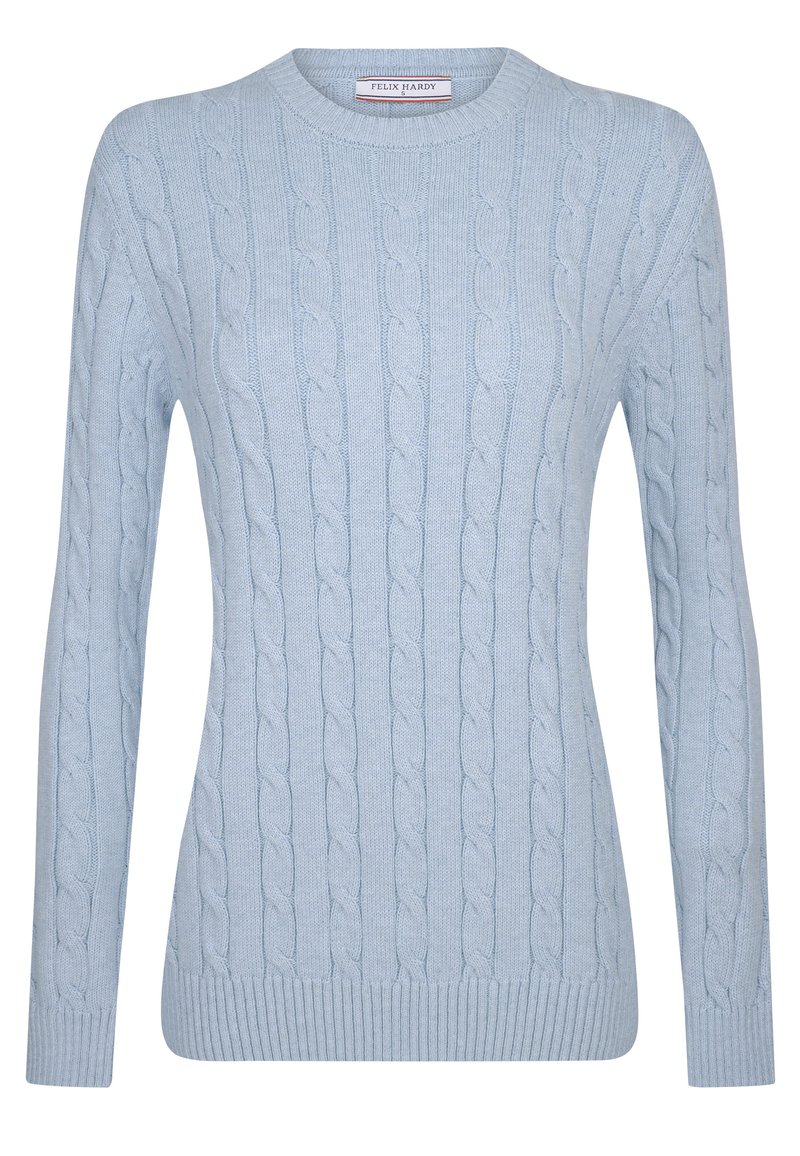 Helles blaues, kabelgestricktes Sweatshirt mit langen Ärmeln, rundem Halsauschnitt und geripptem Saum. Mit erhabenen Mustern im gesamten Stoff.