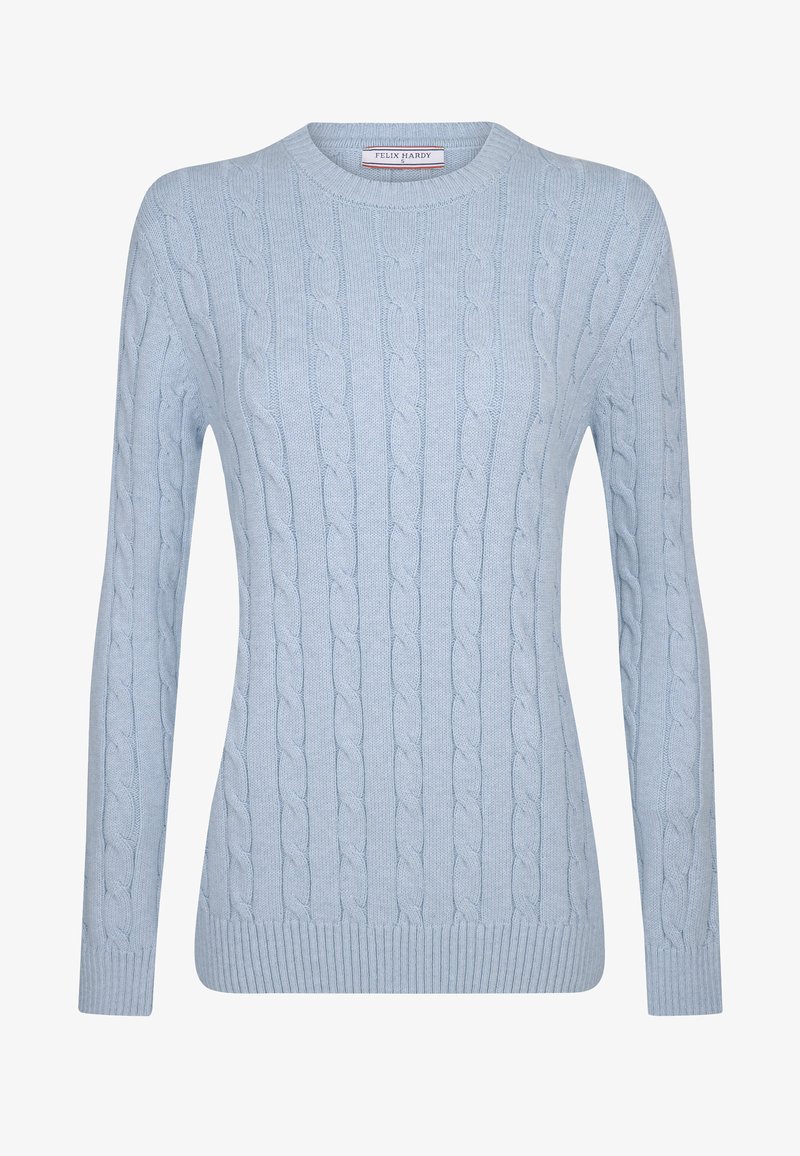 Helles blaues, kabelgestricktes Sweatshirt mit langen Ärmeln, rundem Halsauschnitt und geripptem Saum. Mit erhabenen Mustern im gesamten Stoff.