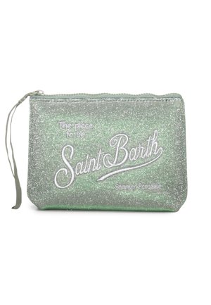Bustina con zip color argento glitter con cinturino per polso, ricamata con la scritta "The place to be Saint Barth Summer Paradise" in filo bianco.