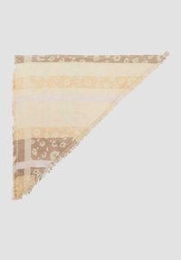 Dreieckstuch aus weichem, leichtem Stoff mit abwechselnden Streifen in Beige und Pastelltönen, mit einem fransigen Rand und subtilen Leopardenmuster.