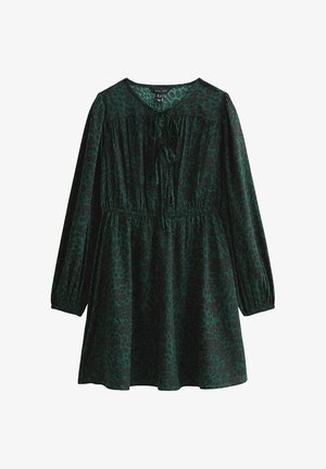 Robe à imprimé animalier verte avec manches longues bouffantes, taille froncée, encolure ronde et détail à nouer à l'avant. Texture de tissu lisse.