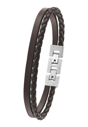 Podwójna bransoletka ze skóry w ciemnobrązowym kolorze, z jednym plecionym i jednym gładkim paskiem, zakończona prostokątną klamrą ze stali nierdzewnej.