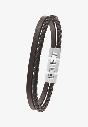 Doppelwickel-Armband aus dunkelbraunem Leder mit einem geflochtenen und einem glatten Riemen, versehen mit einem rechteckigen Verschluss aus Edelstahl.