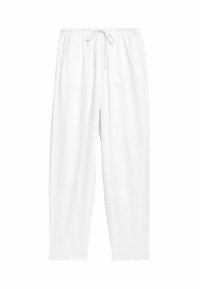 White, loose-fitting pants made from soft fabric. Features a drawstring waistband and side pockets; straight leg design with no patterns.