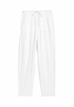 Pantaloni bianchi ampi realizzati in tessuto morbido. Presentano una waistband con cordino e tasche laterali; design a gamba diritta senza motivi.
