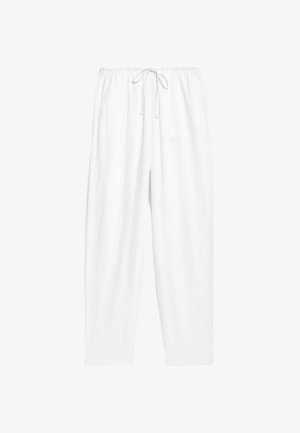 Pantaloni bianchi ampi realizzati in tessuto morbido. Presentano una waistband con cordino e tasche laterali; design a gamba diritta senza motivi.