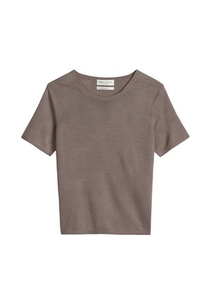 Maglietta marrone a maniche corte in maglia con scollo rotondo, etichettata Marc O'Polo, distesa su uno sfondo bianco.