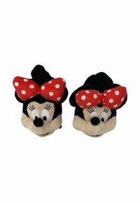 Pantofole in peluche nere a forma della testa di un personaggio dei cartoni animati, con grandi orecchie, un fiocco rosso a pois e dettagli del viso in colori contrastanti.