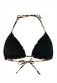 Čierny vrchný diel bikín s trojuholníkovým strihom, akcentmi so zvieracím vzorom, nastaviteľnými šnúrkami na krku a nariasenými detailmi pozdĺž spodného okraja.