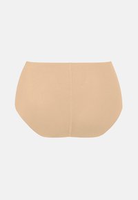 Beige nahtlose hochgeschnittene Unterhosen mit glatter Textur und einem Design für volle Abdeckung. Mit einer einfachen, einfarbigen Gestaltung ohne Muster.