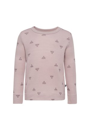 Lyserød langærmet børnesweater med små mørkeblå sommerfuglemønstre jævnt fordelt på stoffet.