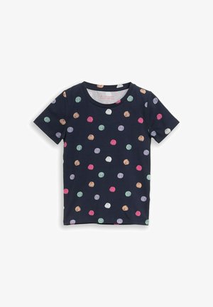 Granatowy T-shirt z krótkimi rękawami, ozdobiony kolorowymi, teksturowanymi kropkami w różnych rozmiarach rozmieszczonymi na całej tkaninie.