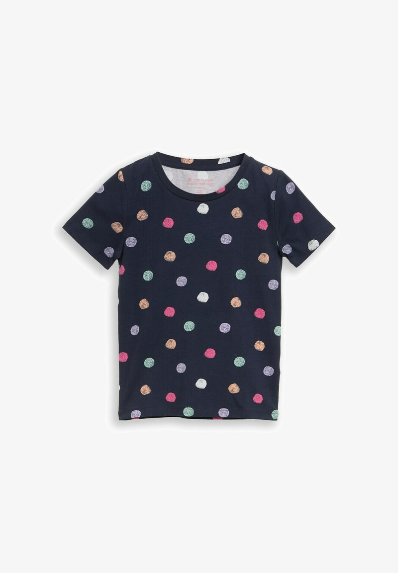 Marineblaue T-Shirts mit kurzen Ärmeln, versehen mit bunten, strukturierten Punkten in verschiedenen Größen, die über den Stoff verteilt sind.