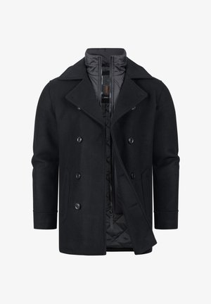 Manteau noir à double boutonnage avec un extérieur en laine, doublure intérieure matelassée, revers crantés et grands boutons. Comprend des poches latérales.