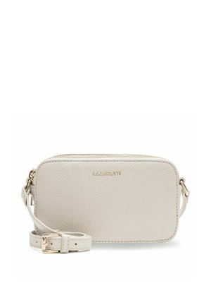 Petit sac bandoulière rectangulaire en cuir beige avec fermeture éclair dorée, sangle réglable et nom de la marque "LAZAROTTI" sur le devant.
