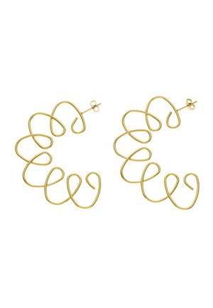 Kolczyki w kształcie kół ze złotym metalem, o abstrakcyjnym, spiralnym wzorze i zapięciem na sztyft.