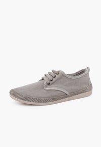 Light grey canvas shoe with lace-up design, textured side panels, and a flexible rubber sole featuring a braided accent around the edge.