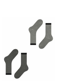 Chaussettes rayées en gris et noir, de hauteur cheville, avec des bord-côtes noirs contrastants, et une texture de tissu lisse.
