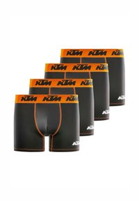 Shorts boxeur noirs avec une ceinture orange arborant le logo "KTM". Texture lisse, design ajusté, comprenant quatre paires dans un pack.
